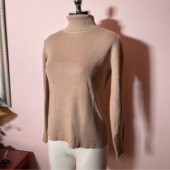 Vintage 90 Y2K Liz Claiborne Ribbed Camel Turtleneck Sweater Cotton Fitted - Picture 7 of 17